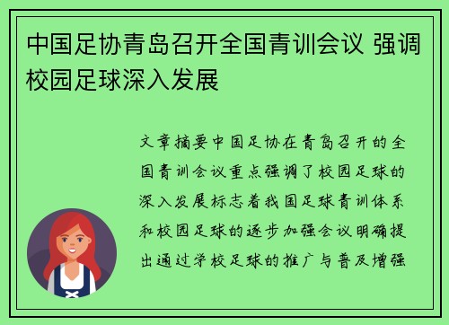 中国足协青岛召开全国青训会议 强调校园足球深入发展 中国足协青岛召开全国青训会议 强调校园足球深入发展