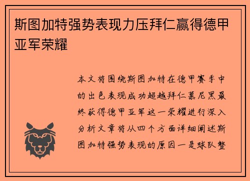 斯图加特强势表现力压拜仁赢得德甲亚军荣耀